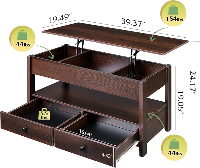 WLIVE Coffee Table, Lift Top Coffee Table with 2 Drawers, Large Hidden Hidden Compartment and Open Shelf, Lift Tabletop, Dining Table for Living Room, Espresso