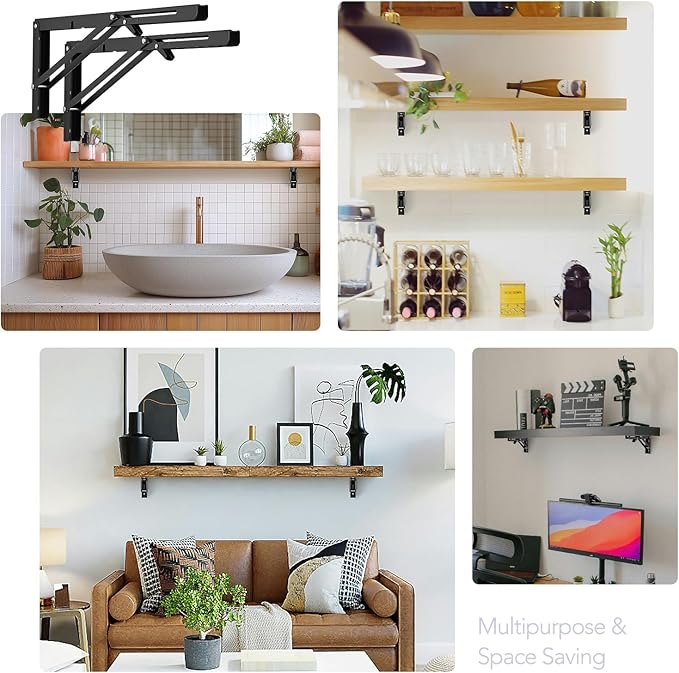 JOY DECOR 16 Inch Heavy Duty Folding Shelf Brackets, 4 Pack (2 Pairs) Collapsible Wall Mounted Brackets for Fold Down Table, Stainless Steel Folding Table Hinge, Matte Black