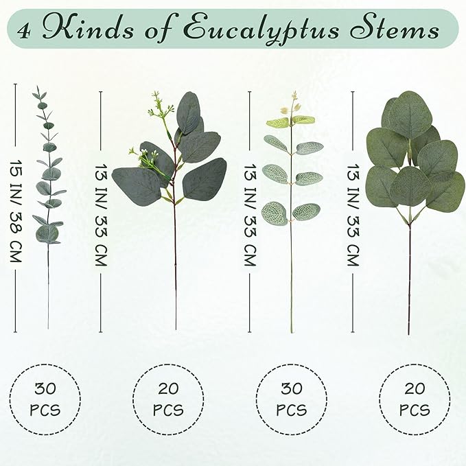 100 Pcs 4 Kinds Mixed Eucalyptus Stems Bulk, Artificial Silver Dollar Eucalyptus Leaves Bundle Faux Greenery Branches for Wedding Centerpiece Vase Bouquet Floral Arrangement Home Decor