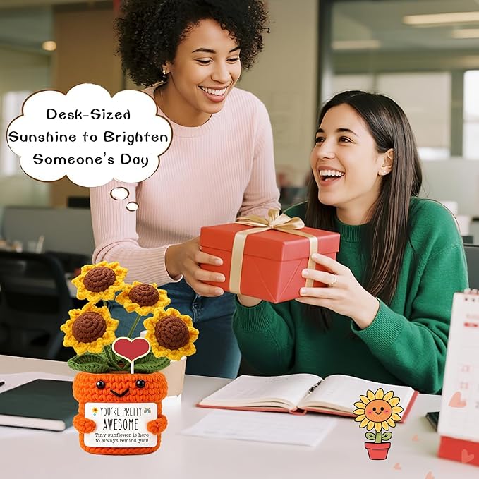 Mini Inspirational Gifts for Women Handmade Crochet Positive Affirmation Sunflower for Teacher, Mentor, Nurse, Coworker, Emotional Cheer Up Support, Birthday, White Elephant Christmas Stocking Stuffer