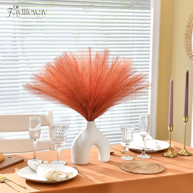 𝟱𝟬pcs Orange Pampas Grass 𝟭𝟳in, Pompas Grass Home Decor, Artificial Pampas Grass Bulk Boho Vase Filler Table Centerpieces Party Wedding Decorations