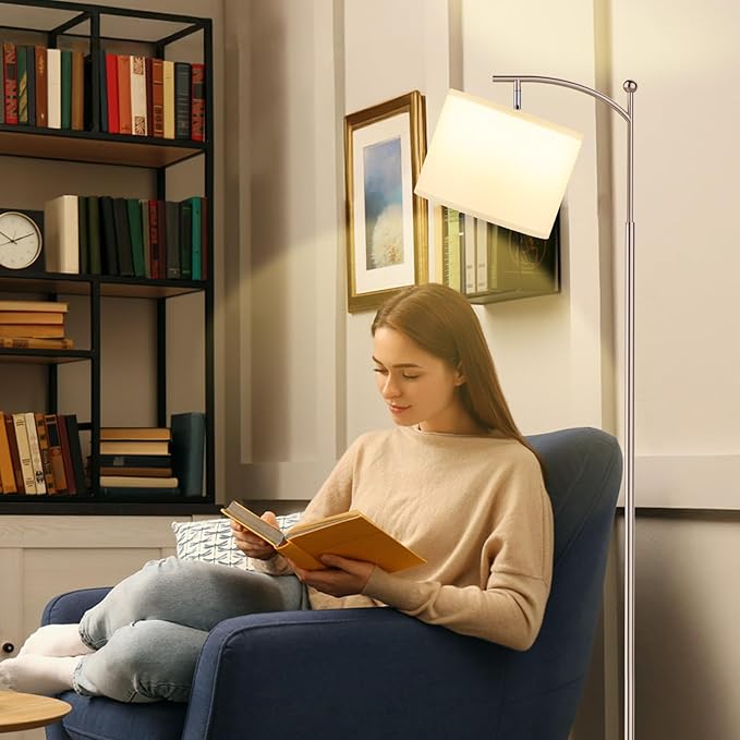 60" Floor Lamps for Living Room with 3 Color Temperatures, Adjustable White Shade with Light Gold Pole, Tall Lamps for Living Room Bedroom Office Classroom Dorm Room, 9W Bulb Included