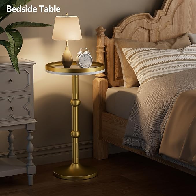 Small Round Side Table, Coffee Drink Table for Small Spaces, Modern Night Stand with Metal Leg, Weighted Iron Base Pedestal Round End Tables for Living Room, Bedroom, Narrow Corners,Sofa Couch