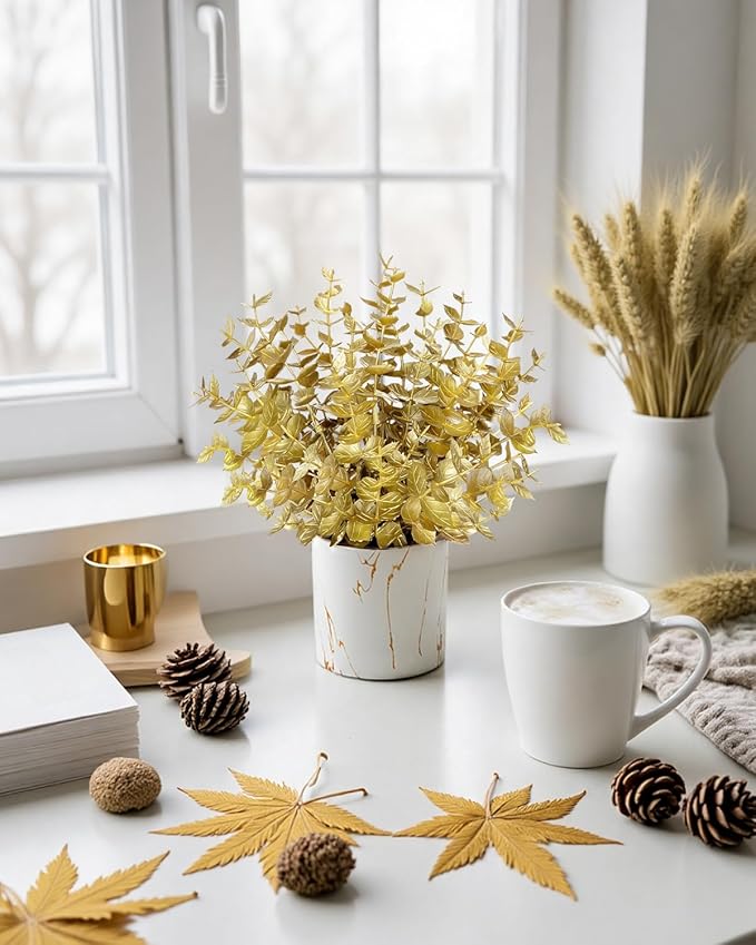 2 Pack Gold Artificial Eucalyptus Plant in Marble Pot, Faux Potted Greenery for Home Decor, Wedding Centerpiece, Christmas Table Decoration, Office Desk & Housewarming Gift