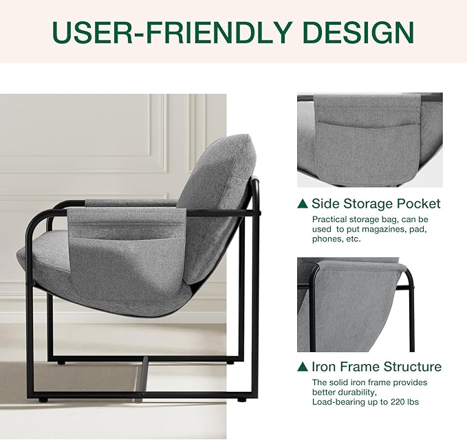 HOMMPA Sling Accent Chair Set of 2, Steel Frame Lounge Arm Chair Living Room Chair with Side Storage Pocket, Reading Accent Chair Mid Century Modern Bedroom Chair Linen Fabric Cover, Flax