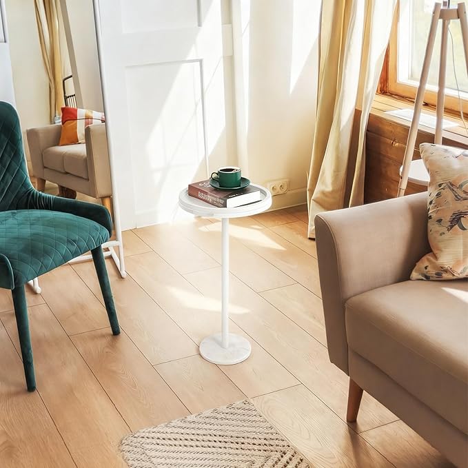 smusei 2 Pack Small Round Side Table Drink Table with Marble Base Pedestal Table for Small Spaces Round End Table with Anti-Fall Guard for Living Room Bedroom Home Decor, White