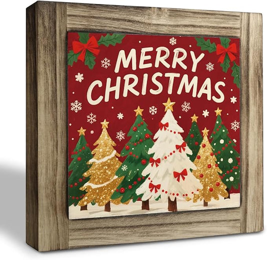 Merry Christmas Decoration Gift, Christmas Tree Decor Art, Decorative Wooden Box Sign, Modern Farmhouse Home Decor, Xmas Trees Decoration for Home Office Cafe Bar Club