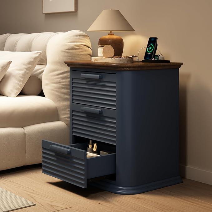 22'' Fluted Nightstand with Charging Station, Modern End Table with 3 Drawers and Storage, Wood Night Stand with Round Corner, Side Table Dresser for Bedroom, Living Room, Curved Profile,Navy Blue