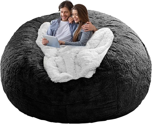 (No Filler Bean Bag Chair Cover Without Filler,Big Round Soft Fluffy PV Velvet Washable Bean Bag Lazy Sofa Bed Cover for Adults,Living Room Bedroom Furniture Outside,5ft Black