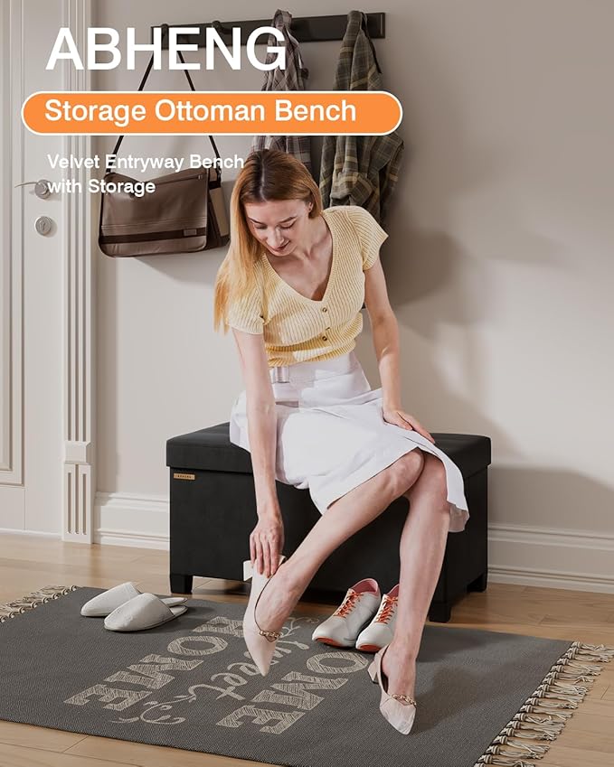 Foldable Storage Ottoman Bench, Velvet Footrest and Seat Cube with Feet, Storage Chest, for Living Room, Bedroom and Office, 15 x 30 x 15.7 Inches, Ink Black,ASND23B