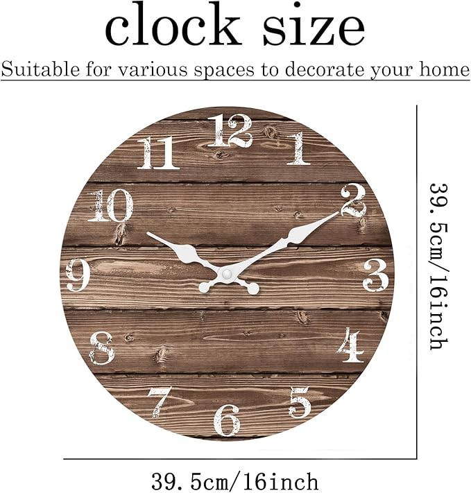 XFM Large Farmhouse Wall Clock Battery Operated 16 Inch Brown Wood Wall Clock Silent Non Ticking Rustic Wooden Wall Clocks for Kitchen Living Room Bedroom Decor