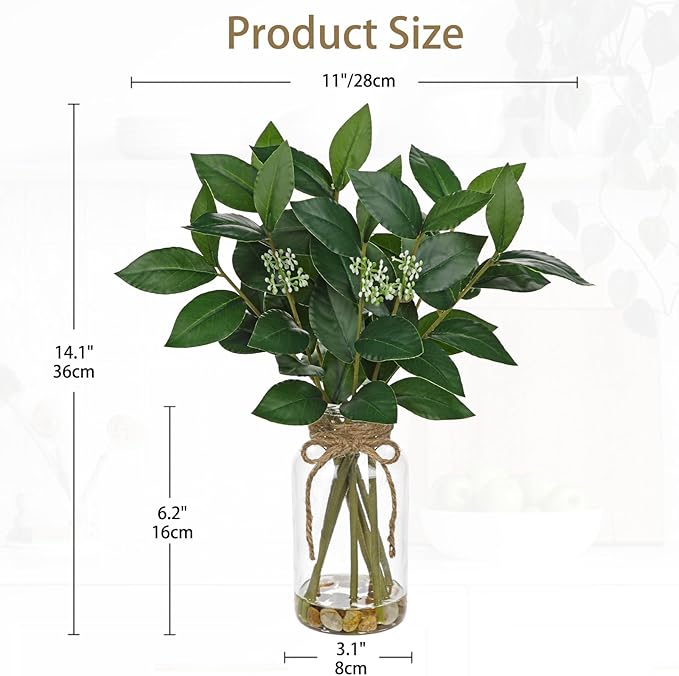DILATATA Artificial Laurel Stems in Glass Vase with Faux Water and Real Stones 14" Fake Greenery Plant Bay Leaves for Home Office Farmhouse Bathroom Bedroom Kitchen Table Centerpiece Decor