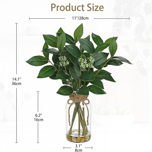 DILATATA Artificial Laurel Stems in Glass Vase with Faux Water and Real Stones 14" Fake Greenery Plant Bay Leaves for Home Office Farmhouse Bathroom Bedroom Kitchen Table Centerpiece Decor