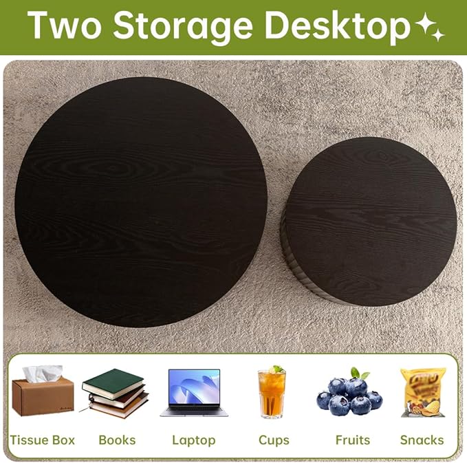 Round Nesting Coffee Table Set of 2 Small Round Coffee Tables for Living Room Modern Fluted Coffee Table Circular End Table Side Table for Small Spaces No Assembly (Black A, 27 in)