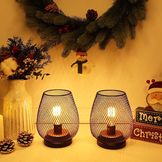 NEEDOMO Battery Operated Lamp Table Powered Lantern, Set of 4 Metal Cage Cordless Lamps with LED Bulb, Vintage Decorative Outdoor Lantern for Weddings, Parties, Patio, Events for Indoor Shelf Decor