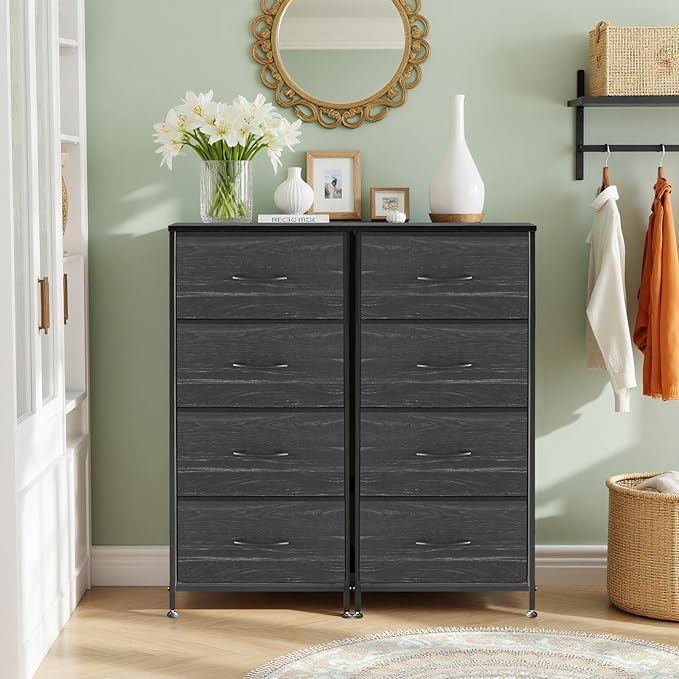 Nightstand, 4 Drawer Dresser End Table Bedside Furniture with Wooden Top Steel Frame Fabric Bins for Bedroom, Closet, Entryway, Dorm, Living Room, Charcoal Black