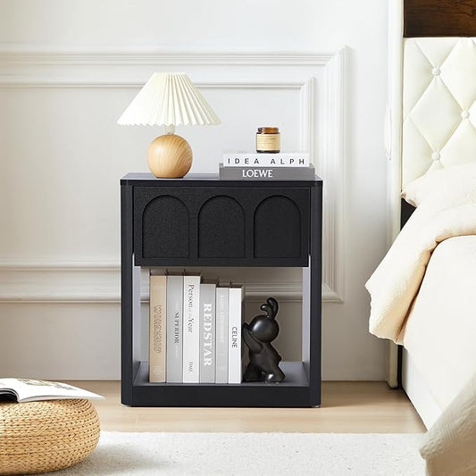 Wood Nightstand, 19.69" Wide Bedside Table with Arched Finish, Modern Night Stands with Curved Profile, Mid Century End Table for Bedroom Living Room (Black)