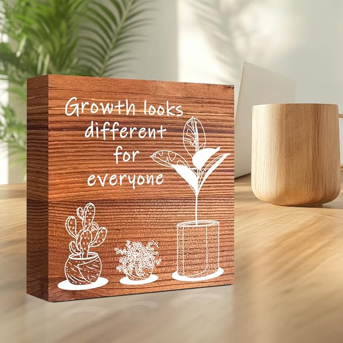 LVQHI Inspirational Wood Block Sign,Growth Looks Different for Everyone Plant Motivational Wooden Block Sign for Home Bedroom Office Desk Table Decor,Inspirational Cheer Up Gift for Coworker Burlywood
