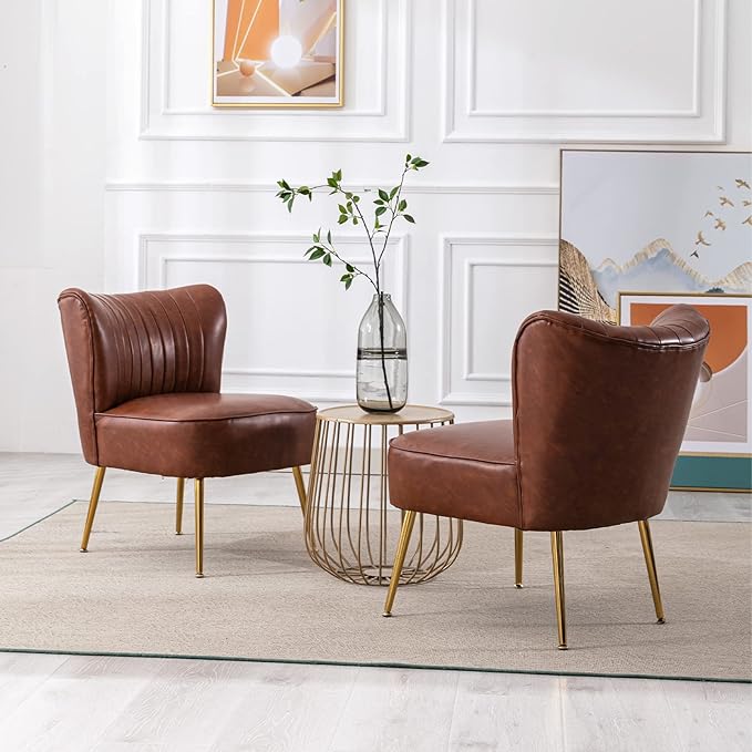 PU Leather Accent Chair Set of 2 - Comfy Armless Slipper Mid Century Side Chair With Golden Legs - Wingback Single Sofa for Living Room, Bedroom, Guest Room - Brown