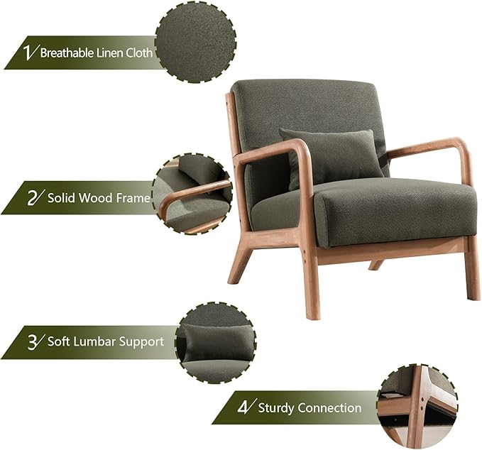 INZOY Mid-Century Modern Accent Chair Set of 2, Green Living Room Chairs with Waist Cushion, Upholstered Reading Armchair for Bedroom Sunroom