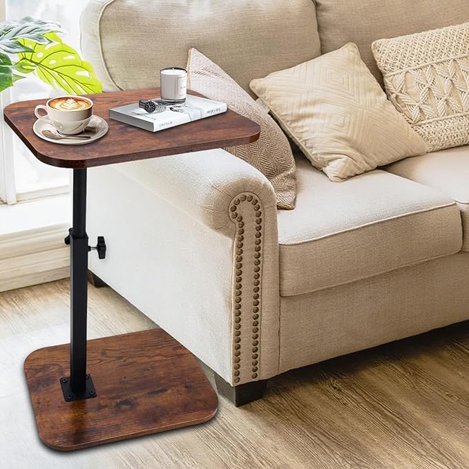 C Shaped End Table for Couch, 360° Swivel Height Adjustable TV Tray for Livingroom,Bedroom,Study and Small Spaces(Vintage Brown)