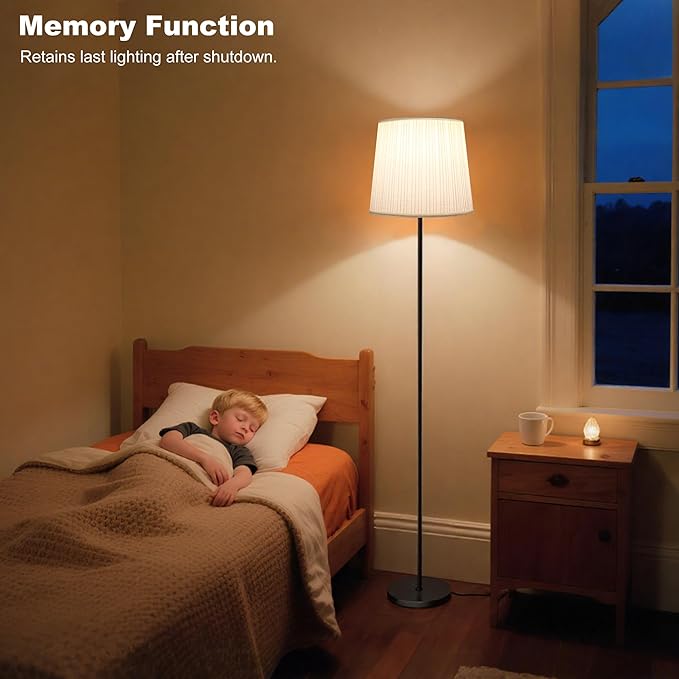 Floor Lamp with Pleated Shade - 3 Color Temps LED Standing Lamp with Foot Switch, 9W E26 Bulb Included, 62" Floor Reading Light for Living Room Bedroom Office Corner Dorm Kids, Black