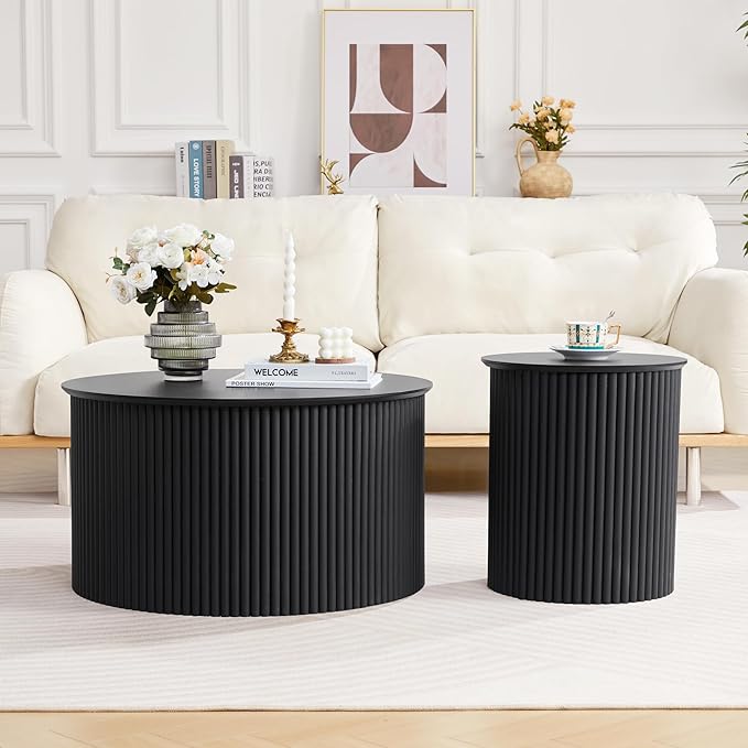 Fluted Round Nesting Coffee Table Set of 2, Mid Century Modern Wood Coffee Tables and End Table Set, Circle Side Table Minimalist Center Tables for Living Room, Office(Black)