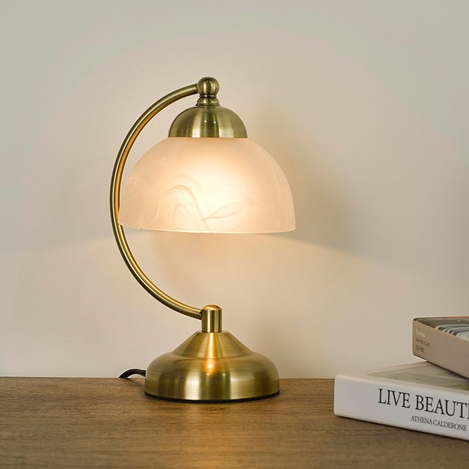 Small Modern Touch Glass Bedside Table Lamp, 7 x 7 x 10 Inch Bronze Base Table Lamp for Bedrooms and Office (White Frosted Glass Shade)