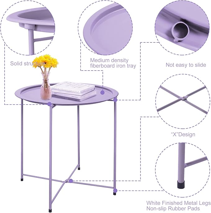 VILAWLENCE Metal End Table Side Table Round Folding Tray, Sofa Small Accent Fold-able Side Table Tray,Outdoor Side Sofa Table, Snack Table for Living Room and Bed Room 18.5 in (Purple)