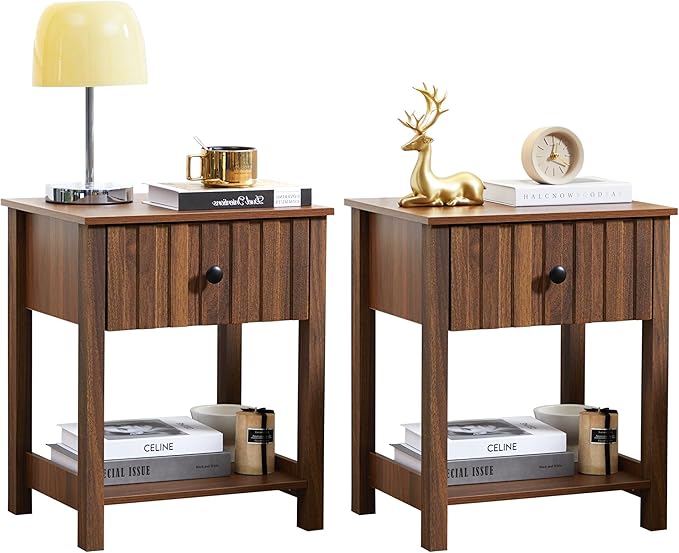 Wood Nightstand Set of 2, 21.65" H Bedside Table with Wide Fluted Finish, Modern Night Stands with Drawer, Mid Century End Table for Bedroom (Walnut-2 Packs)