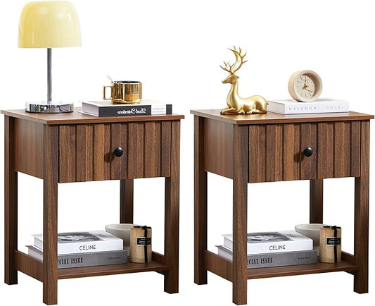 Wood Nightstand Set of 2, 21.65" H Bedside Table with Wide Fluted Finish, Modern Night Stands with Drawer, Mid Century End Table for Bedroom (Walnut-2 Packs)