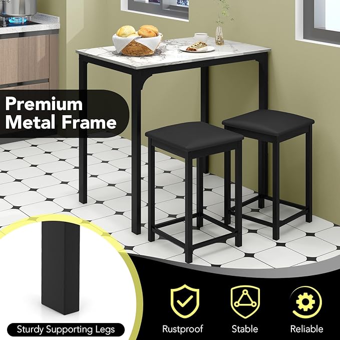 Giantex Dining Table Set for 2, Counter Height Bar Table with Faux Marble Pattern Tabletop, 2 Padded Bar Stools, Footrests, Metal Frame, Dinette Set for Kitchen Small Space Breakfast Nook Pub, White