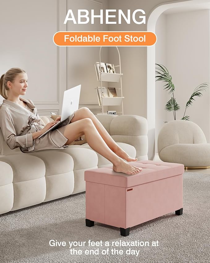 Foldable Storage Ottoman Bench, Velvet Footrest and Seat Cube with Feet, Storage Chest, for Living Room, Bedroom and Office, 15 x 30 x 15.7 Inches, Jelly Pink, ASND23P