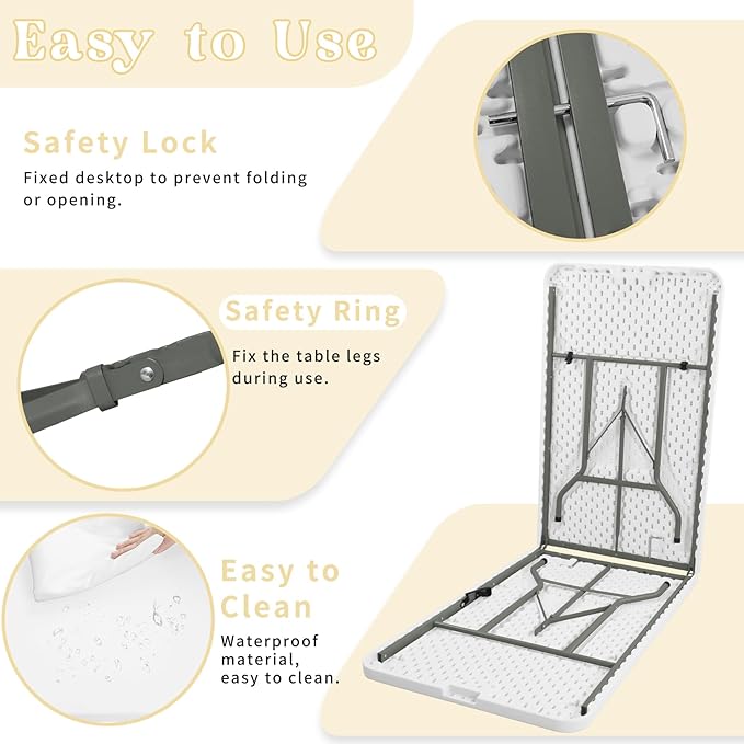 HAISIWLKJ Folding Table 8 FT Camping Table Portable Heavy Duty Plastic Rectangular Outdoor Dining Table Steel Legs Fold-in-Half with Carrying Handle for Indoor,Picnic,Party,Wedding,Events(White)