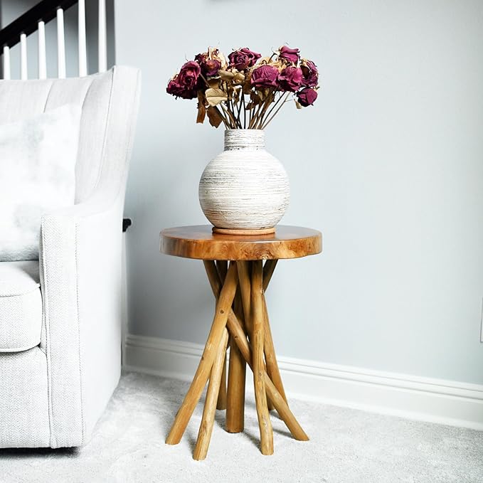 WELLAND Teak Wood Stick Leg End Table, 16" L x 16" W x 20" H Rustic Side Table, Small Accent Table, Plant Stand for Living Room, Bedroom, Home Office