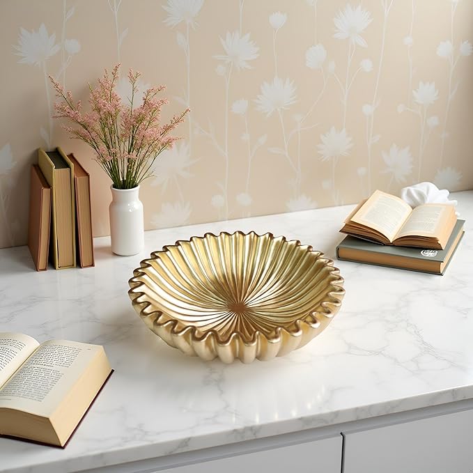 10" Large Decorative Bowl decor, Scalloped Bowls for Modern Home Decor,Ruffle Decor,Stylish Key Bowl for Entry Table,Decorative Fruit Bowl for Kitchen Counter,Golden