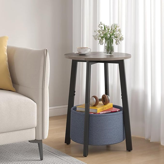 Small Round Side End Table Set of 2 with Cloth Storage Basket, Round Bedside Sofa Couch Coffee Tables for Small Places with Metal Frame, Modern Nighstands for Living Room Bedroom,Grey