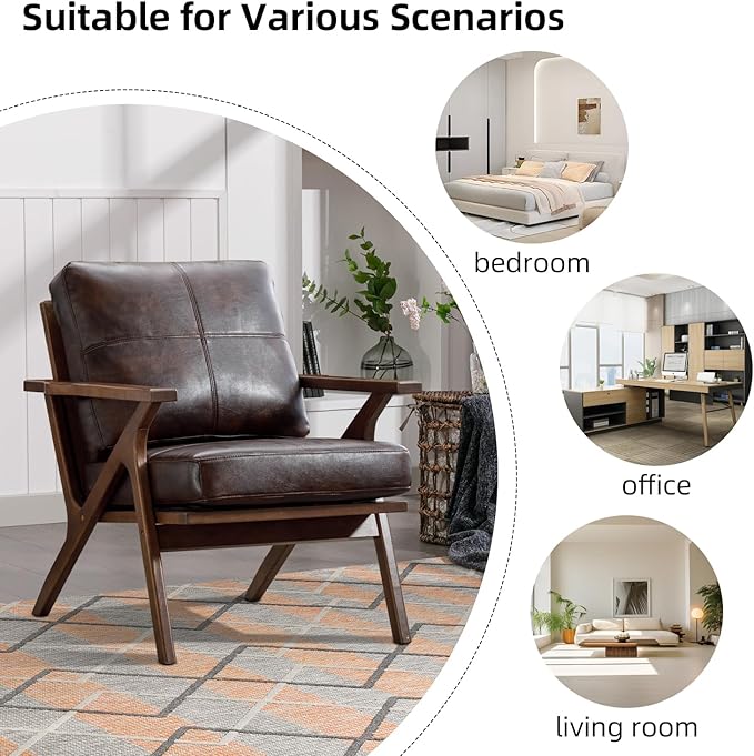 INZOY Mid-Century Modern Accent Chair with Wood Frame Set of 2, PU Leather Living Room Chair and Soft Thick Padded Armchair for Living Room Bedroom Reception with Removable Upholstered Cushions, Brown