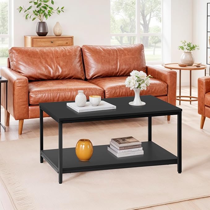 ZenStyle Industrial Coffee Table with Storage Shelf for Living Room, Wood Look Accent Furniture with Vintage Wooden Board Stable Metal Frame Cocktail Table 2-Tier Tea Table