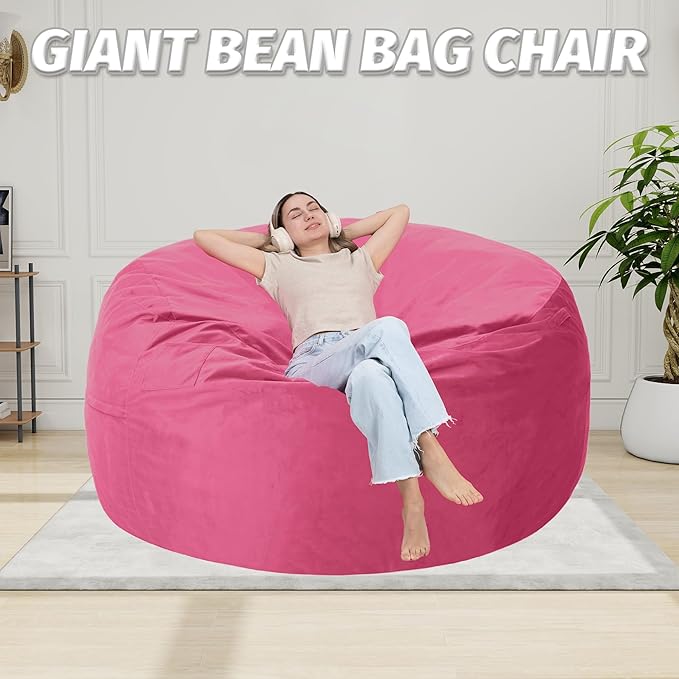 3FT Bean Bag Chair with Ultra Soft Velvet Cover Bean Bag Sofa with Memory Foam Bean Bag Chairs with Large Size Lazy Sofa for Dorm Office Living Room Bedroom Hot Pink 3'