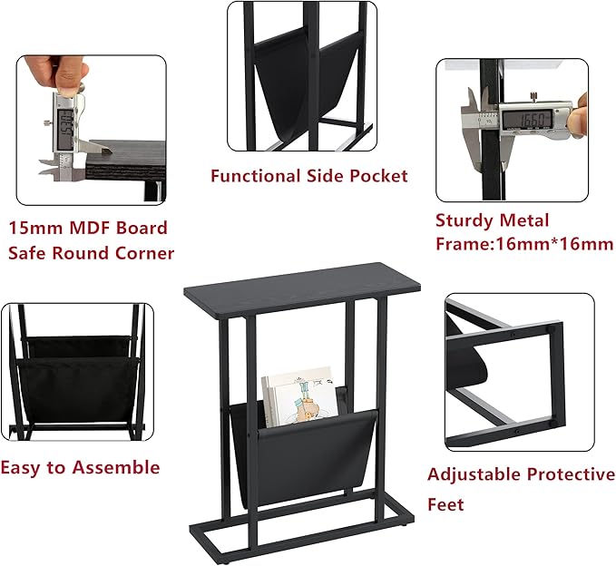 Yusong Small Narrow Side Table for Small Spaces, 17.7" W Slim End Table Nightstand with Storage Holder, Accent Skinny Snack Couch Bedside Table, Black Oak, Complete Iron Pipes
