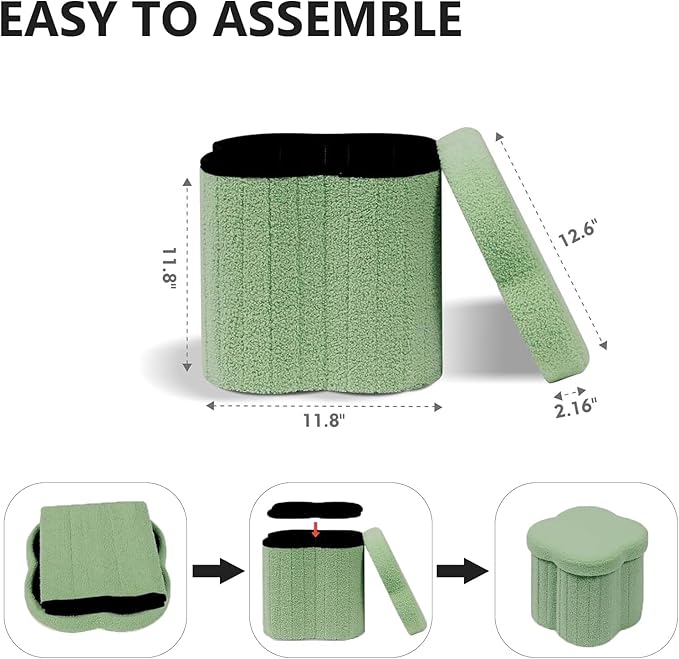 12.6" Small Ottoman with Storage, Flowers Shaped Foldable Foot Rest for Dorm Room, Living Room - Compact Organizer for Small Spaces-Green