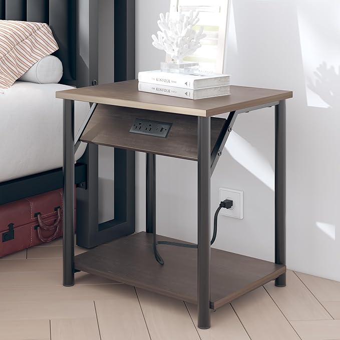 Night Stands Set of 2, Small End Tables with Charging Station, Small Side Tables for Living Room, Bedside Tables with 2-Tier Storage Shelf, Nightstand with Outlets and USB Ports, Rustic Grey/Black