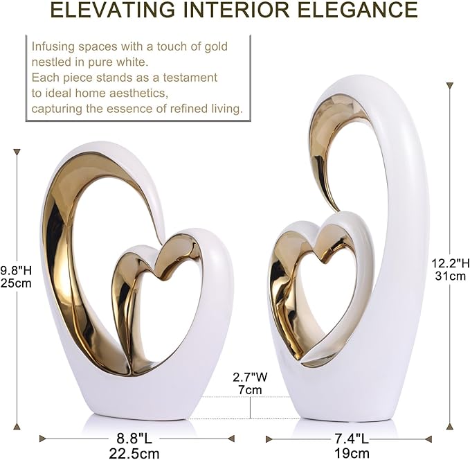 White Gold Ceramic Heart Statues - Abstract Home Sculptures for Bedroom, Wedding, Valentine Decor & Gifts for Women (Loving Hearts - Circular)