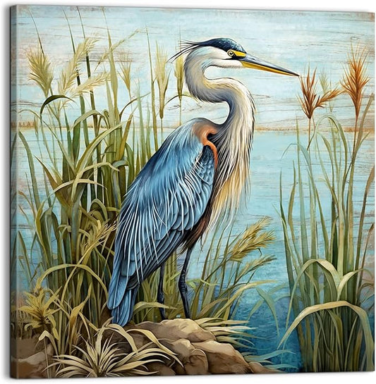YUEYARIT Bathroom Decor ardea herodias Wall Art Ocean Theme Blue sea Picture Heron Canvas Print Modern Coastal Artwork Framed Hanging Dining Office Living Room