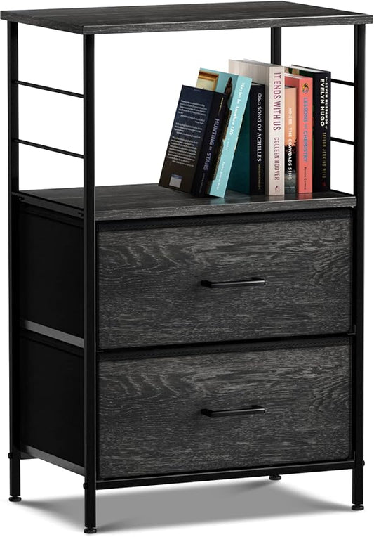 Sorbus Nightstand Dresser with 2 Faux Wood Drawers - Bedside Table Chest with Storage - Bedroom, Living Room, Closet & Dorm Furniture-Lamp Stand - Steel Frame, Wood Top, Easy Pull Fabric Bins