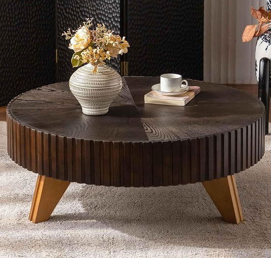 Round Coffee Table, 35.4" Vintage Handcraft Relief Drum Coffee Table Circle Wood Side Table End Table Accent Center Table Home Decor Table for Living Room Bedroom Apartment, Brown