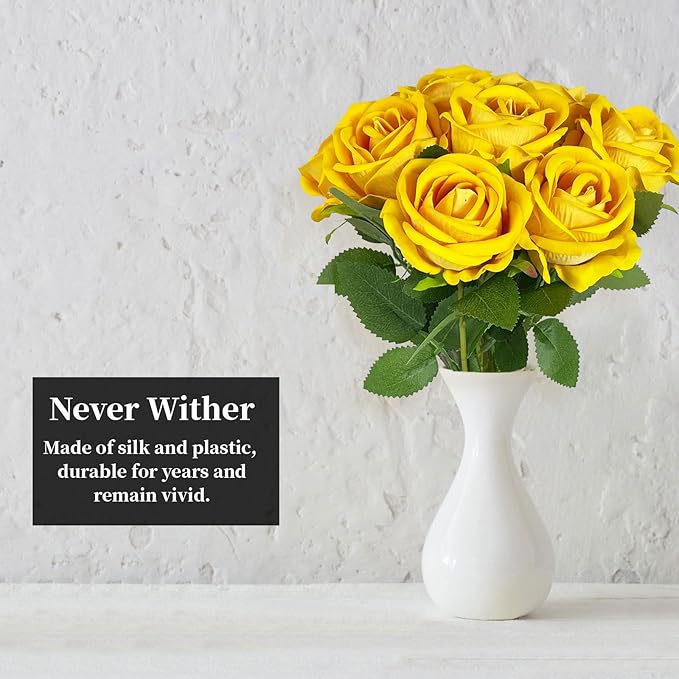 10 PCS Artificial Roses with Long Stems Silk Flowers Realistic Foam Flowers Fake Roses for Valentine's Day Home Wedding Halloween Decor(Yellow)