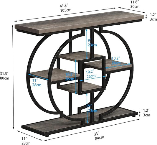 GiftGo Narrow Console Table for Entryway Industrial 4-Tier Sofa Table Behind Couch with Circle Base Rustic Wooden Accent Tables with Storage Shelves for Living Room, Hallway, Foyer (Grey)