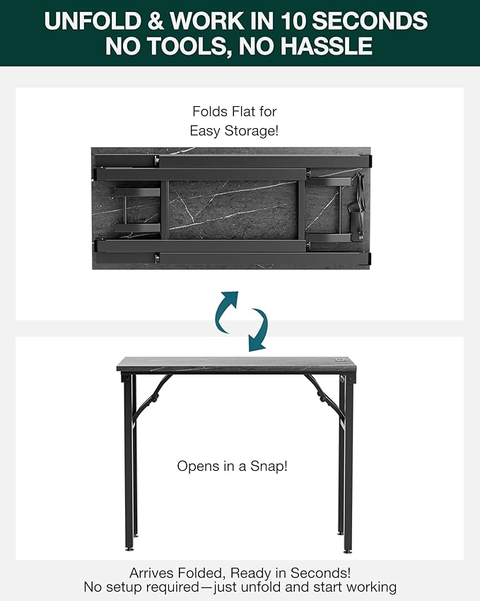 Frylr Small Folding Computer Desk – 35.8 Inch Portable Table for Craft and Study, Lightweight Desk for Small Spaces, Foldable Laptop Table Built-in AC/USB Outlets for Convenience, Marble Greige